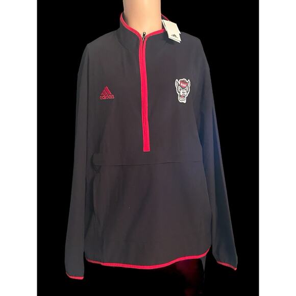 NC State Wolfpack Adidas 1/2 Zip Mens Large Black & Red Lightweight Jacket NWT - Picture 1 of 8